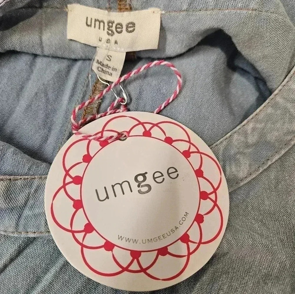 Umgee Blue Chambray Boho Short Sleeve Dress Faux Pockets - Picture 7 of 7